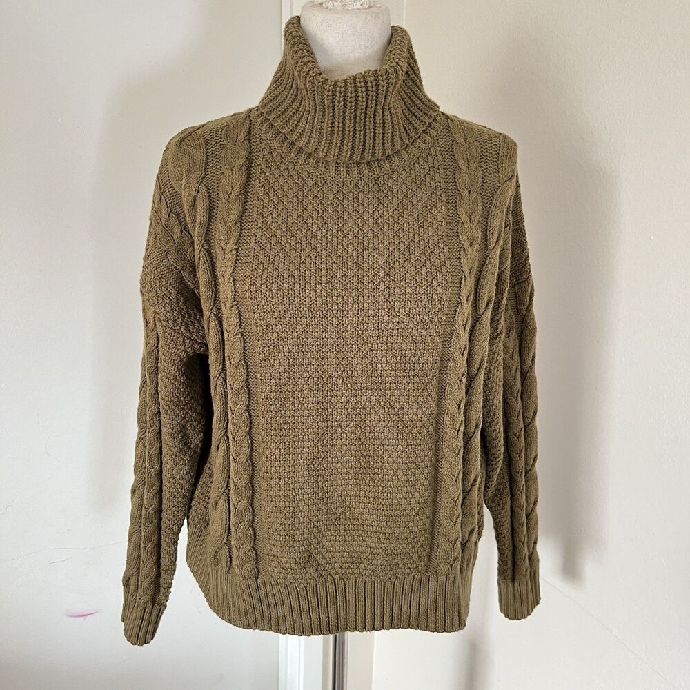 Madewell Women’s Small Olive Green Cable Knit Turtleneck Sweater Cotton Blend